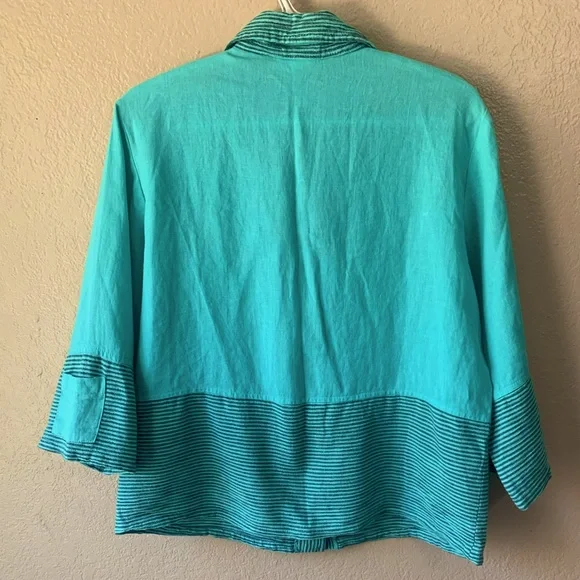 Mill Valley Clothing Co. 100% Linen Colorblock Teal Sleeve Pocket Jacket Size S - Picture 3 of 7
